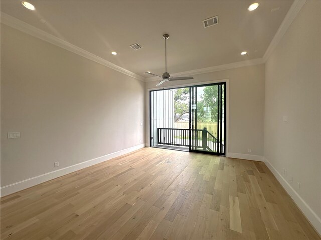 2620 Lake Kolbe Ln, Houston, TX 77080 - empty room with baseboards, crown molding, ceiling fan, light wood finished floors, and recessed lighting