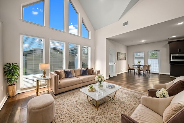 1111 White Winter Ct, Richmond, TX 77406 - living area featuring dark wood-type flooring, baseboards, high vaulted ceiling, and recessed lighting