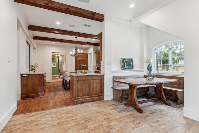 5418 Braeburn Dr, Bellaire, TX 77401 - kitchen featuring a chandelier, recessed lighting, wood finished floors, beam ceiling, and baseboards