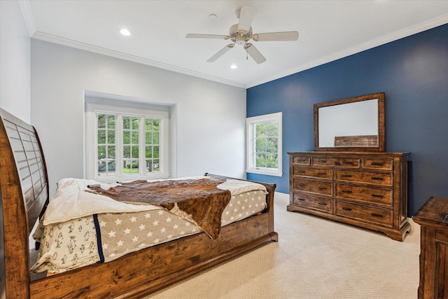 5418 Braeburn Dr, Bellaire, TX 77401 - carpeted bedroom featuring ornamental molding, recessed lighting, and ceiling fan