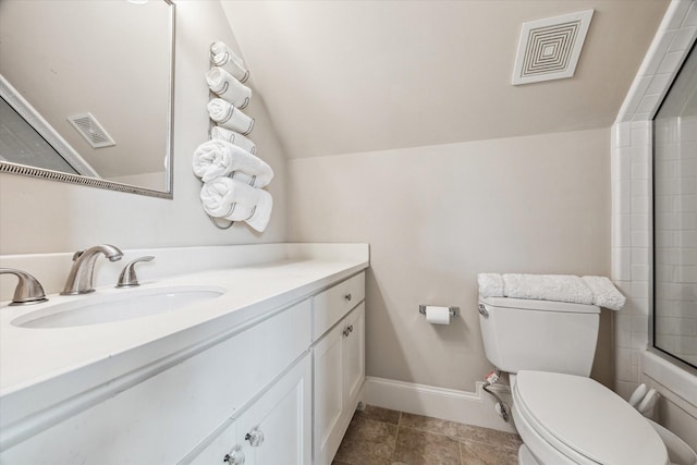 5418 Braeburn Dr, Bellaire, TX 77401 - bathroom featuring toilet, vanity, lofted ceiling, and baseboards