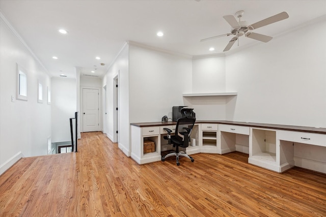 5418 Braeburn Dr, Bellaire, TX 77401 - office with built in study area, ornamental molding, light wood-style flooring, recessed lighting, and ceiling fan