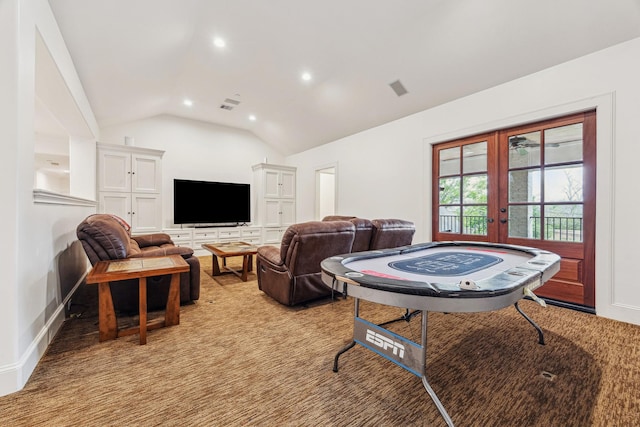 5418 Braeburn Dr, Bellaire, TX 77401 - recreation room with french doors, recessed lighting, vaulted ceiling, and light colored carpet