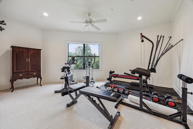 5418 Braeburn Dr, Bellaire, TX 77401 - workout room featuring a ceiling fan, light carpet, ornamental molding, recessed lighting, and baseboards