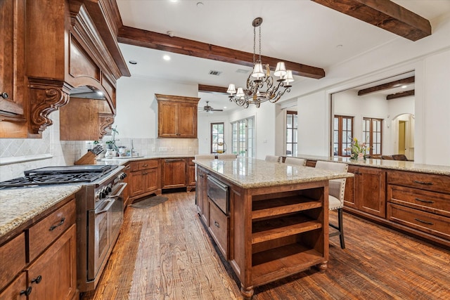 5418 Braeburn Dr, Bellaire, TX 77401 - kitchen with high end stove, open shelves, brown cabinets, dark wood-type flooring, and beam ceiling