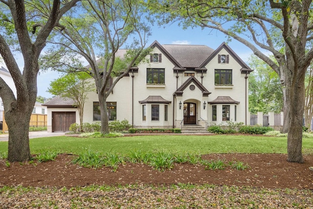 5418 Braeburn Dr, Bellaire, TX 77401 - french provincial home with an attached garage, a standing seam roof, driveway, and metal roof