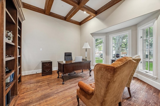 5418 Braeburn Dr, Bellaire, TX 77401 - office area with wood finished floors, beamed ceiling, coffered ceiling, and baseboards