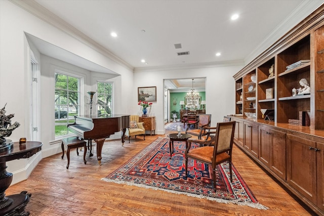 5418 Braeburn Dr, Bellaire, TX 77401 - home office featuring light wood-style flooring, crown molding, a chandelier, recessed lighting, and baseboards