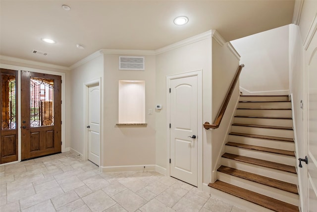 2403 Commonwealth St, Houston, TX 77006 - entrance foyer with baseboards, stairs, ornamental molding, and recessed lighting