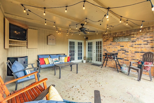 104 Meadowlark Ln, Angleton, TX 77515 - view of patio / terrace featuring french doors, an outdoor living space, and a ceiling fan