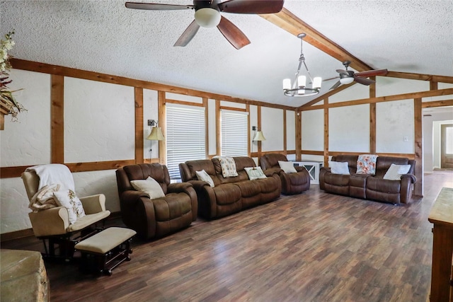 104 Meadowlark Ln, Angleton, TX 77515 - living room with a ceiling fan, a textured ceiling, a chandelier, wood finished floors, and a textured wall