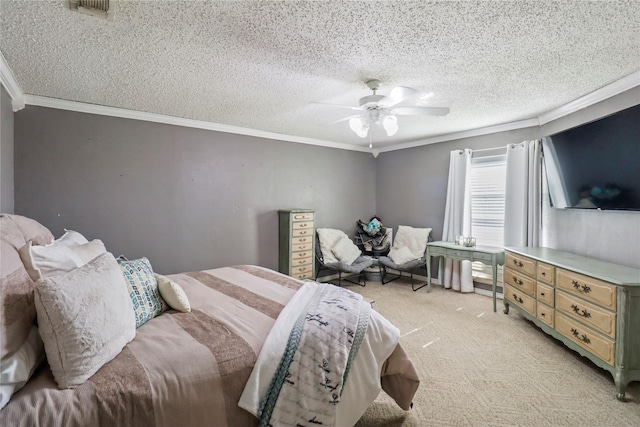 104 Meadowlark Ln, Angleton, TX 77515 - bedroom featuring ornamental molding, light carpet, a textured ceiling, and a ceiling fan