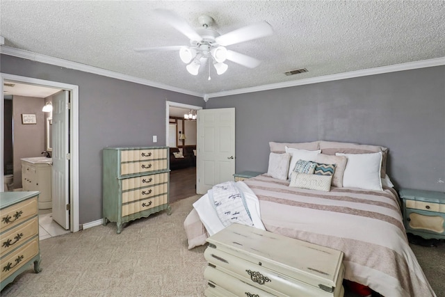 104 Meadowlark Ln, Angleton, TX 77515 - bedroom with light carpet, a textured ceiling, ornamental molding, ensuite bath, and ceiling fan