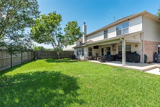 3803 Shiloh Park Ct, Friendswood, TX 77546 - back of house with a chimney, an outdoor hangout area, a patio, and brick siding