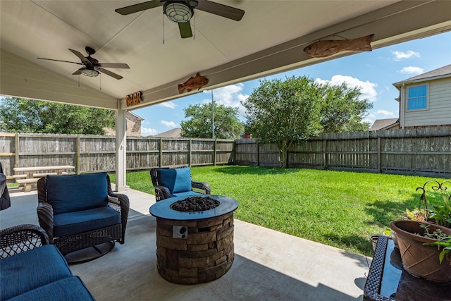 3803 Shiloh Park Ct, Friendswood, TX 77546 - view of patio with ceiling fan and a fire pit