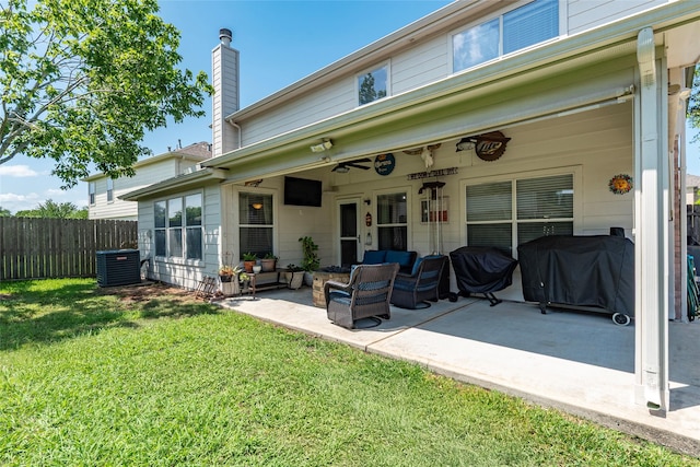 3803 Shiloh Park Ct, Friendswood, TX 77546 - back of property with central AC unit, a patio, a chimney, and an outdoor hangout area