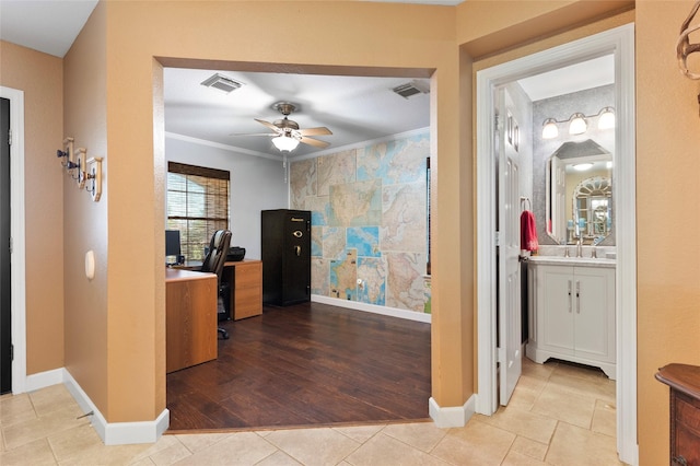 3803 Shiloh Park Ct, Friendswood, TX 77546 - kitchen with a desk, ceiling fan, tile patterned flooring, a sink, and baseboards