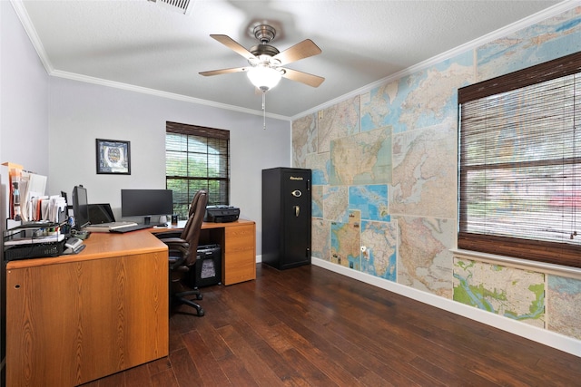 3803 Shiloh Park Ct, Friendswood, TX 77546 - office space with crown molding, a ceiling fan, dark wood-style floors, and baseboards