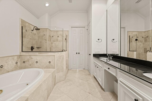 9269 Buffalo Speedway, Houston, TX 77025 - full bath with a shower stall, double vanity, crown molding, a bath, and vaulted ceiling