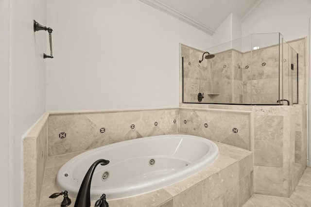 9269 Buffalo Speedway, Houston, TX 77025 - bathroom featuring ornamental molding, a whirlpool tub, and tiled shower