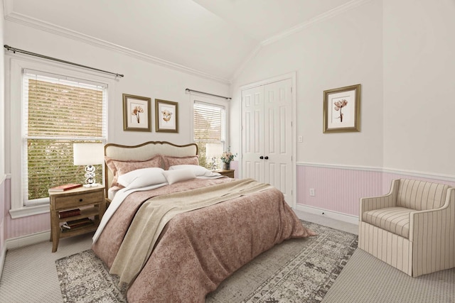 9269 Buffalo Speedway, Houston, TX 77025 - bedroom featuring light colored carpet, ornamental molding, lofted ceiling, a closet, and baseboards