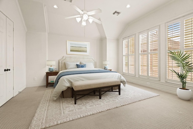 9269 Buffalo Speedway, Houston, TX 77025 - carpeted bedroom featuring recessed lighting, lofted ceiling, baseboards, and ceiling fan
