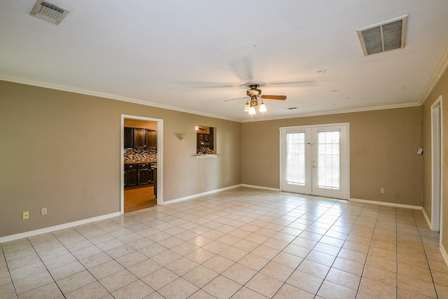 1083 County Rd 147, Alvin, TX 77511 - unfurnished room with a ceiling fan, crown molding, light tile patterned flooring, baseboards, and french doors