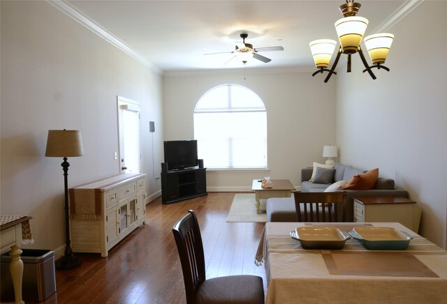 2203 Dorrington St Unit 403, Houston, TX 77030 - dining area with ceiling fan, dark wood-style floors, ornamental molding, and baseboards