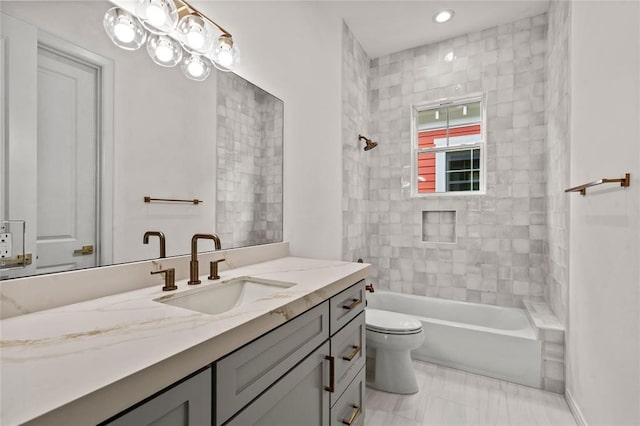 1104 62nd St, Galveston, TX 77551 - bathroom featuring vanity, toilet, shower / bath combination, and recessed lighting
