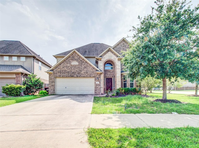 9110 Darby Park Ln, Richmond, TX 77407 - view of front of home with brick siding, an attached garage, concrete driveway, and a front yard