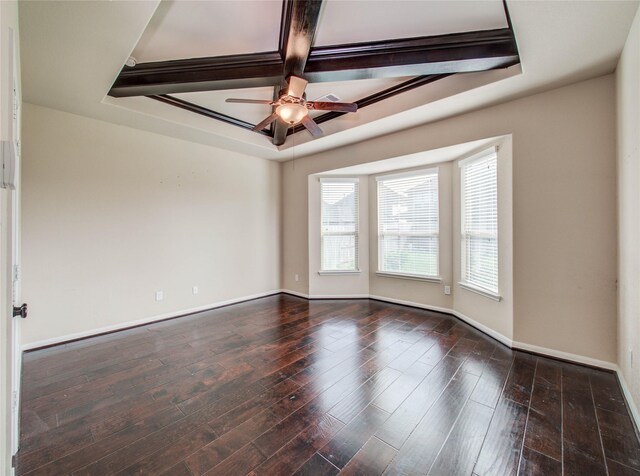 9110 Darby Park Ln, Richmond, TX 77407 - unfurnished room featuring coffered ceiling, ceiling fan, hardwood / wood-style floors, and beamed ceiling