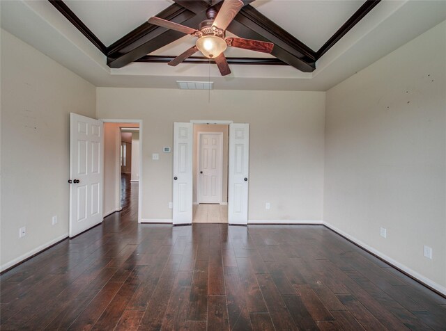 9110 Darby Park Ln, Richmond, TX 77407 - unfurnished bedroom with wood finished floors, beamed ceiling, coffered ceiling, ornamental molding, and a ceiling fan