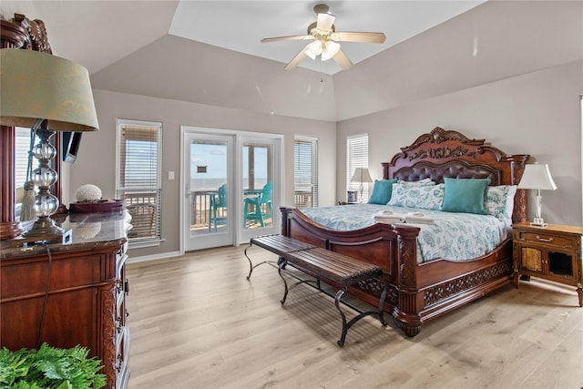 23313 San Luis Pass Rd, Galveston, TX 77554 - bedroom with access to outside, light wood-style floors, lofted ceiling, and ceiling fan