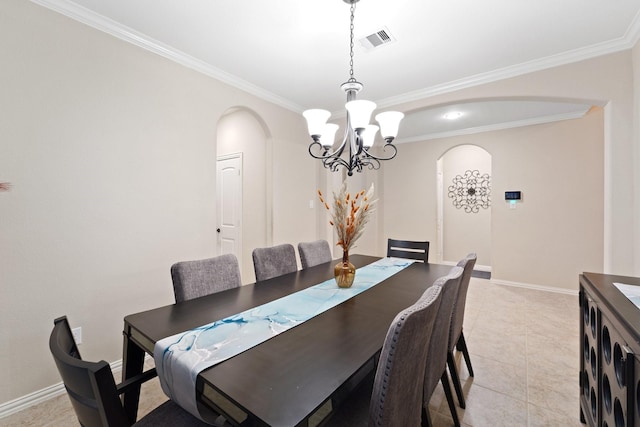 8014 Grove Sky Ct, Richmond, TX 77407 - dining area with arched walkways, a chandelier, ornamental molding, baseboards, and light tile patterned flooring