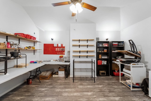8014 Grove Sky Ct, Richmond, TX 77407 - home office with wood finished floors, ceiling fan, and vaulted ceiling