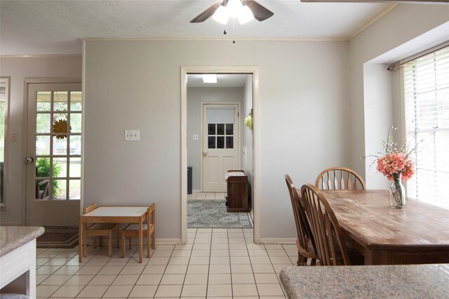 5150 Sandy Creek Ln, Brenham, TX 77833 - dining space featuring a ceiling fan, crown molding, baseboards, and plenty of natural light