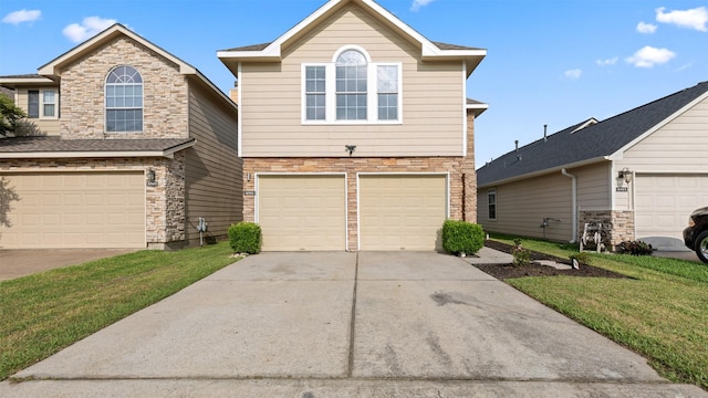 10811 Waterfern Ct, Houston, TX 77064 - traditional home featuring a garage, driveway, stone siding, and a front lawn