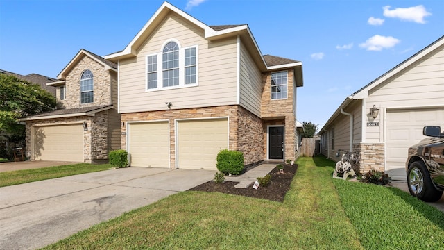 10811 Waterfern Ct, Houston, TX 77064 - view of front facade with stone siding, a garage, concrete driveway, and a front yard