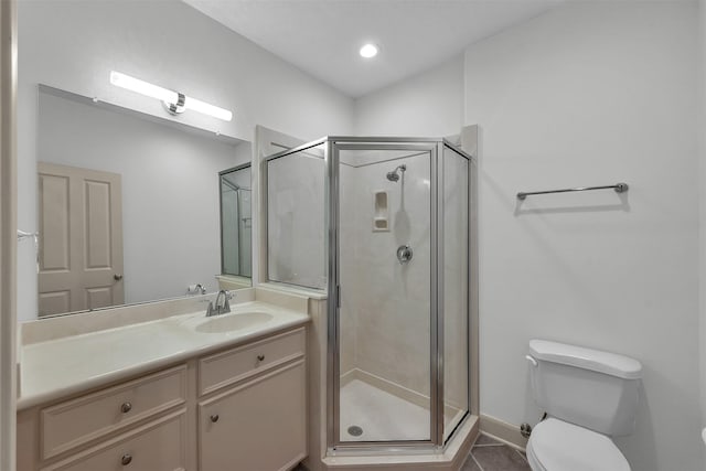 22 Creekwood Dr, Montgomery, TX 77356 - bathroom with vanity, a shower stall, toilet, and tile patterned flooring