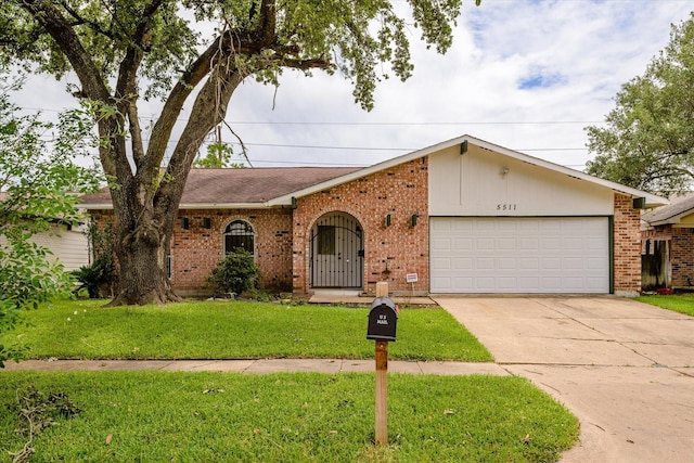 5511 Hickory Forest Dr, Houston, TX 77088 - view of front of home with brick siding, a garage, concrete driveway, a front lawn, and roof with shingles