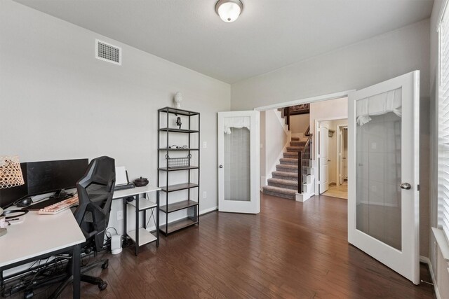 3651 Lake Bend Shore Dr, Spring, TX 77386 - office area featuring french doors, dark wood-type flooring, and baseboards