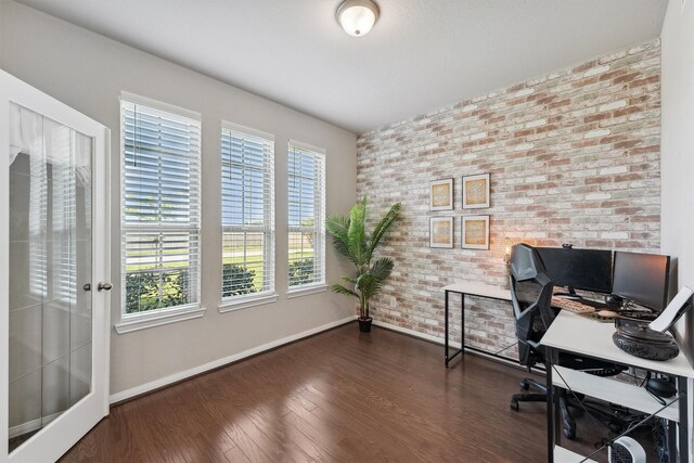 3651 Lake Bend Shore Dr, Spring, TX 77386 - office area with baseboards, brick wall, and wood finished floors
