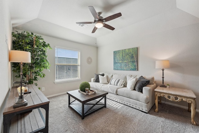 3651 Lake Bend Shore Dr, Spring, TX 77386 - living room with ceiling fan, baseboards, carpet floors, and lofted ceiling