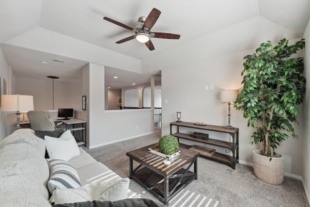 3651 Lake Bend Shore Dr, Spring, TX 77386 - carpeted living room featuring a ceiling fan, baseboards, vaulted ceiling, and recessed lighting