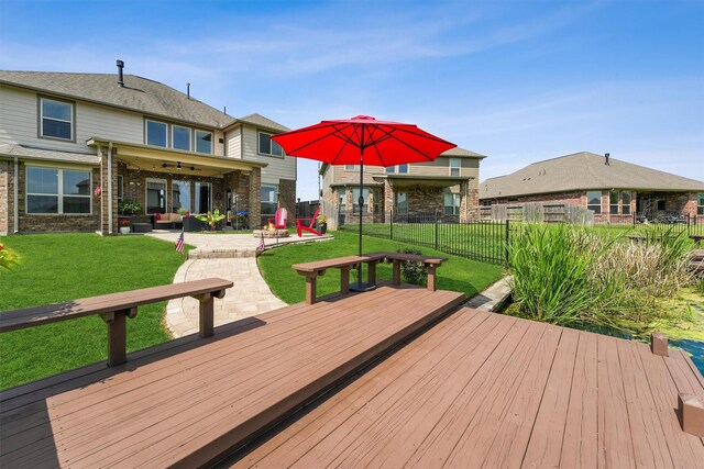 3651 Lake Bend Shore Dr, Spring, TX 77386 - deck with an outdoor hangout area, a ceiling fan, and a patio area