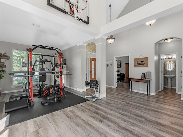 19122 High Canyon Ln, Tomball, TX 77377 - exercise area with arched walkways, baseboards, ornate columns, a sink, and lofted ceiling