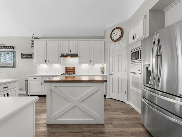 19122 High Canyon Ln, Tomball, TX 77377 - kitchen with appliances with stainless steel finishes, under cabinet range hood, white cabinets, decorative backsplash, and dark wood-style floors