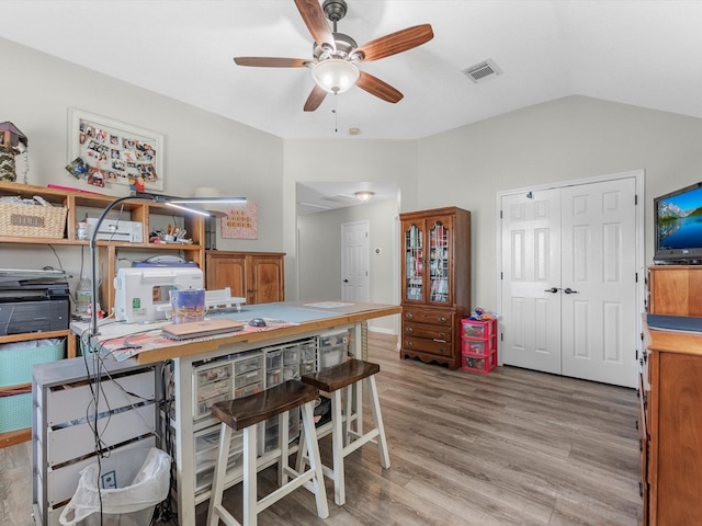 19122 High Canyon Ln, Tomball, TX 77377 - dining area featuring a ceiling fan, light wood-style flooring, and lofted ceiling