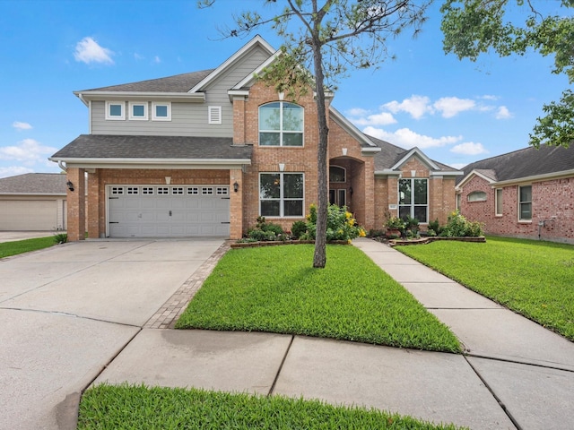19122 High Canyon Ln, Tomball, TX 77377 - traditional-style house with brick siding, a front yard, an attached garage, driveway, and a shingled roof