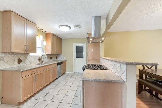 402 E Lambuth Ln, Deer Park, TX 77536 - kitchen with island range hood, a sink, stainless steel dishwasher, tasteful backsplash, and a textured ceiling